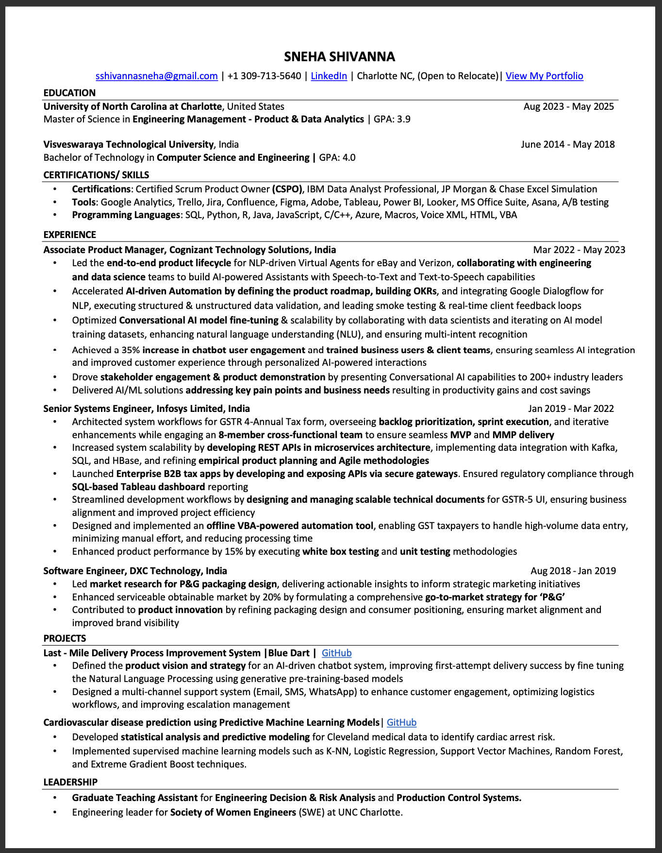 Sneha Shivanna Resume